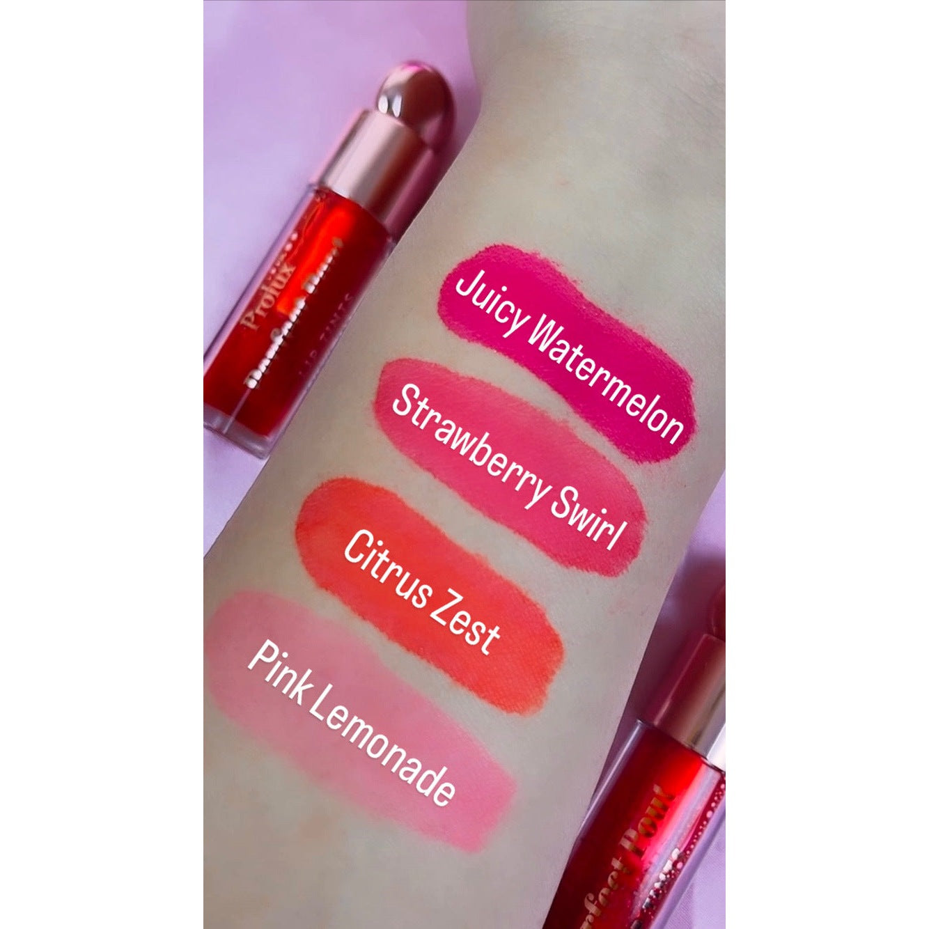 Perfect Pout Lip Tints, Juicy Watermelon, Strawberry Swirl, Citrus Zest, Pink Lemonade, good lip tints
