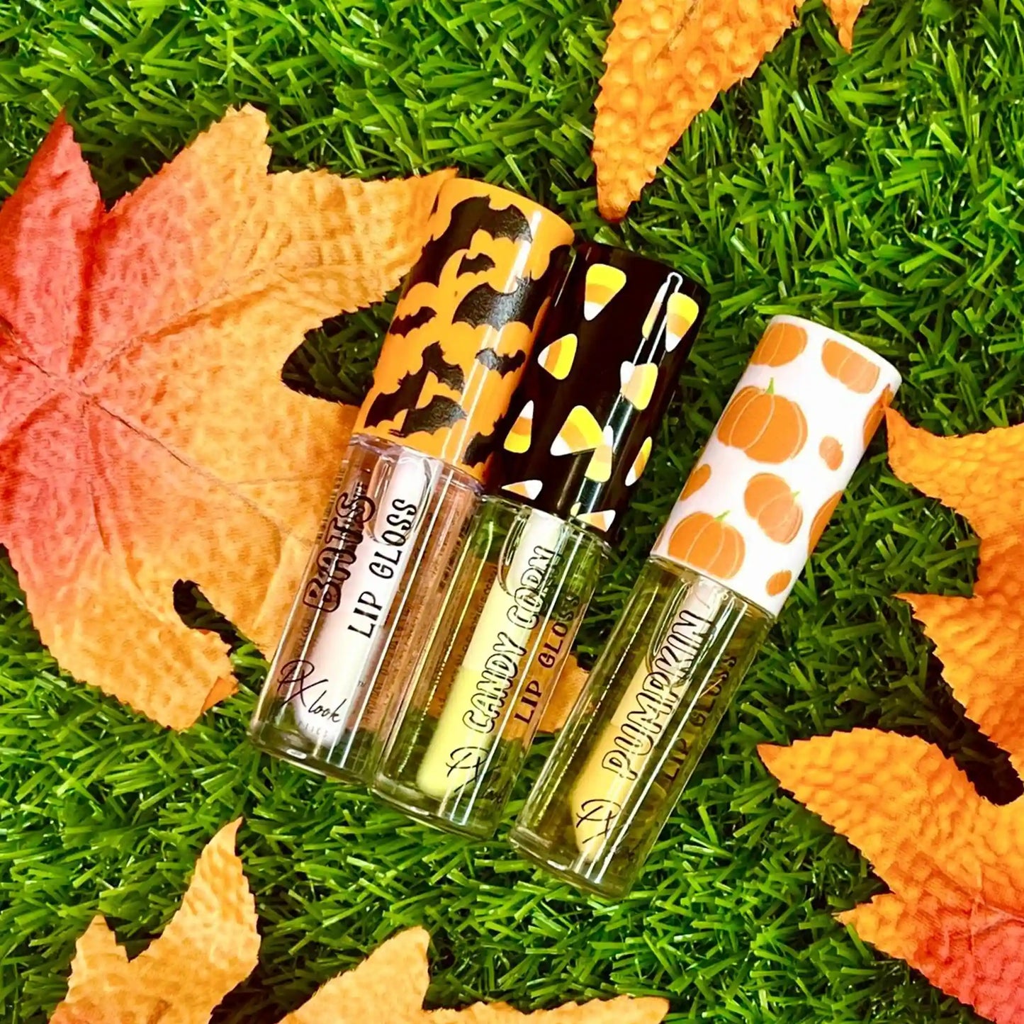 Halloween Lip Gloss, bats, pumpkin, candy corn