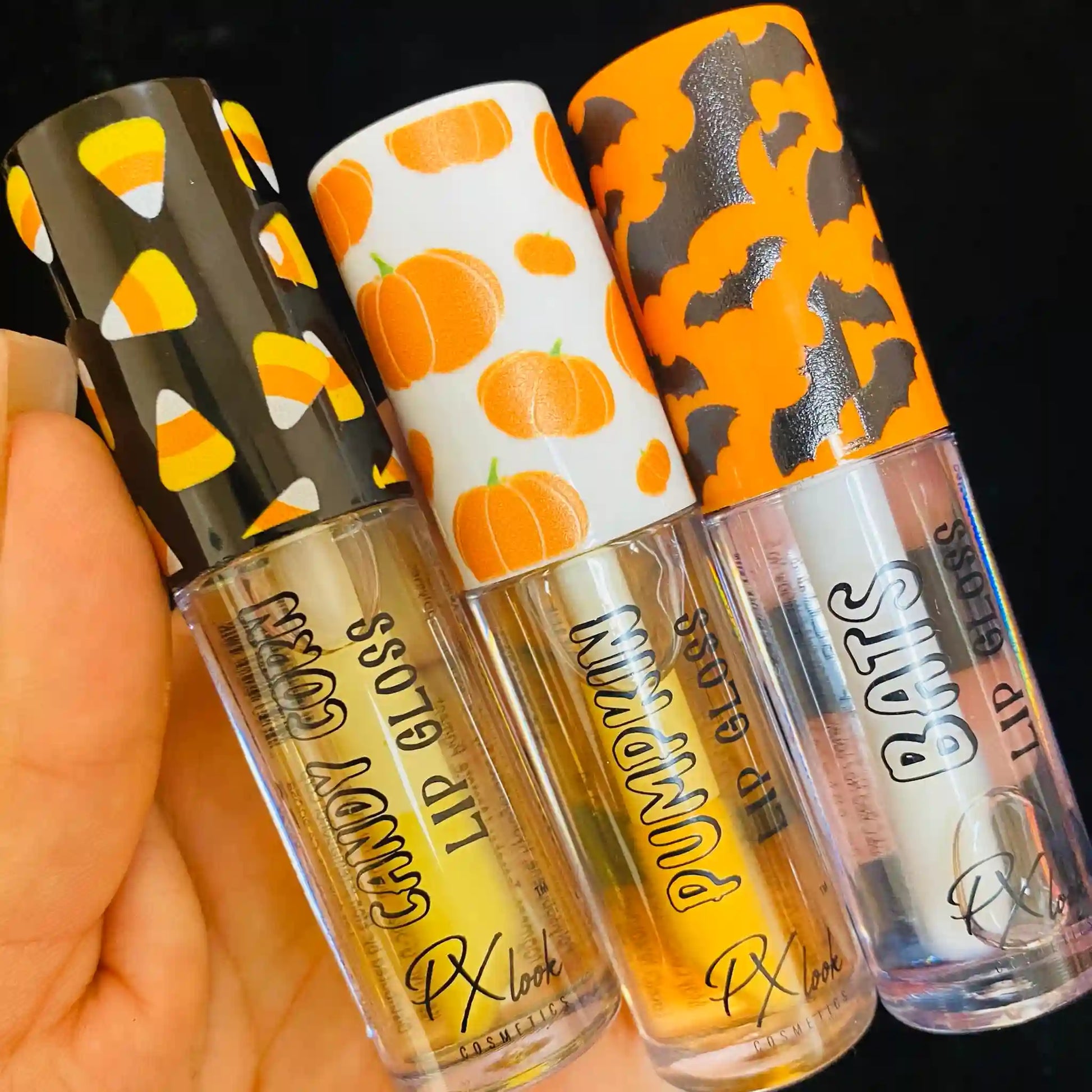 Halloween Lip Gloss, bats, pumpkin, candy corn