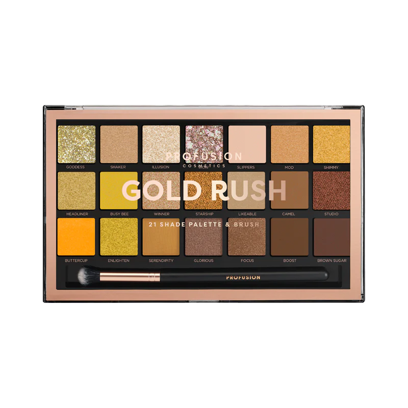 Gold Rush 21 Shade Palette & Brush, Best Eyeshadow Palette, Golden Eyeshadow Palette, shimmer eyeshadow palette, eyeshadow brush, colorful shade palette