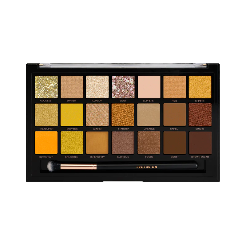 Gold Rush 21 Shade Palette & Brush, Best Eyeshadow Palette, Golden Eyeshadow Palette, shimmer eyeshadow palette, eyeshadow brush, colorful shade palette