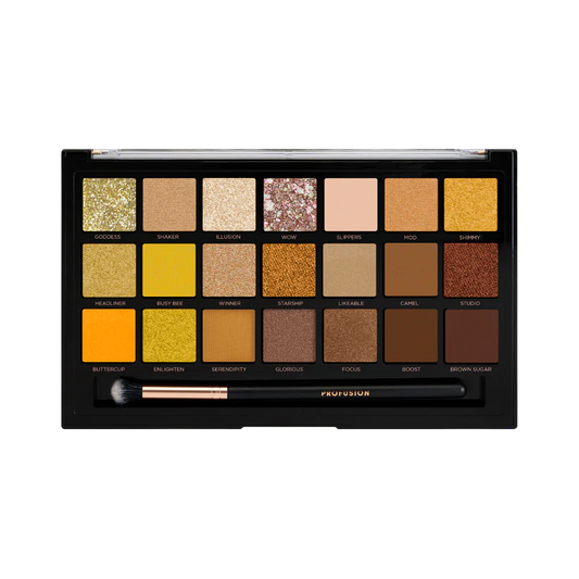 Gold Rush 21 Shade Palette & Brush, Best Eyeshadow Palette, Golden Eyeshadow Palette, shimmer eyeshadow palette, eyeshadow brush, colorful shade palette