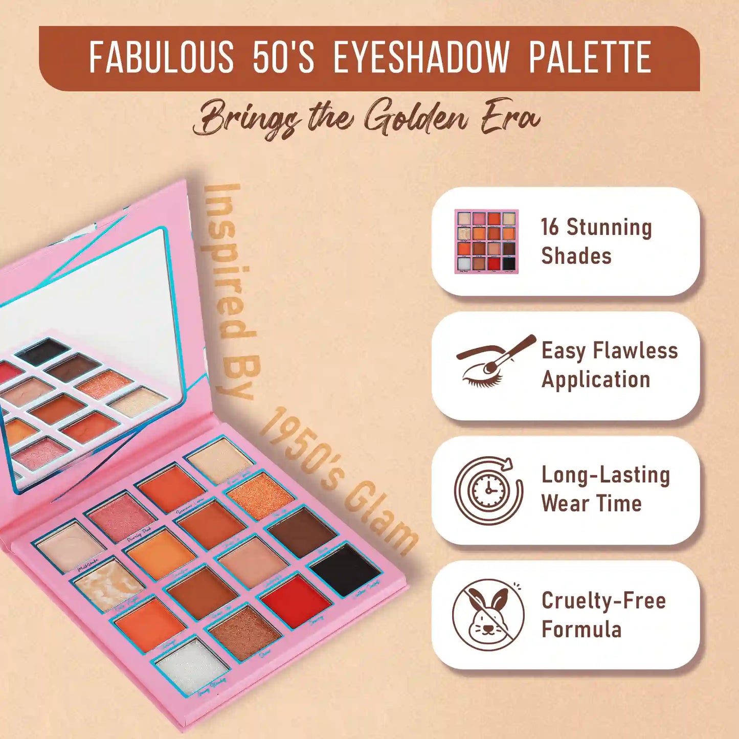 Fabulous 50's Eyeshadow Palette, shimmer eyeshadow palette, matte eyeshadow palette, glitter eyeshadow palette
