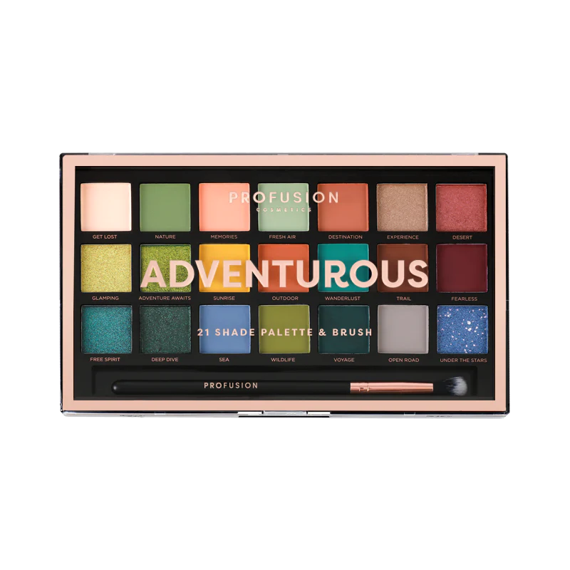 Adventurous 21 Shade Palette & Brush, bright color eyeshadow palette, gold eyeshadow palette​, non toxic eyeshadow​, shimmer eyeshadow palette