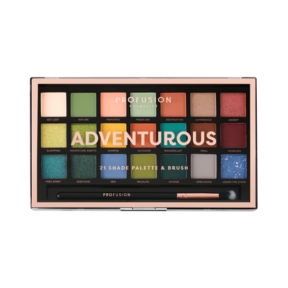 Adventurous 21 Shade Palette & Brush, bright color eyeshadow palette, gold eyeshadow palette​, non toxic eyeshadow​, shimmer eyeshadow palette