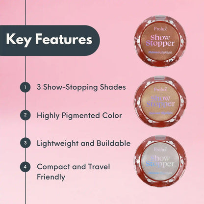 Show Stopper: Shimmer Highlighter, shimmer highlight, shimmer highlighter, shimmer highlight powder.