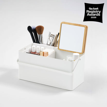 Organizador de Maquillaje con Espejo - Acero + Madera