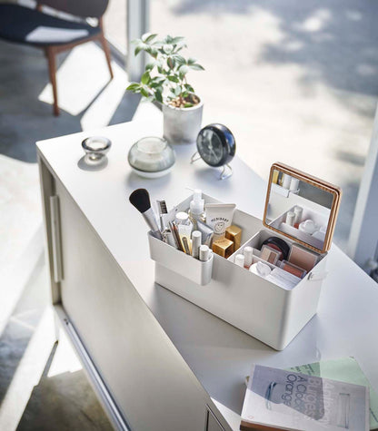 Organizador de Maquillaje con Espejo - Acero + Madera